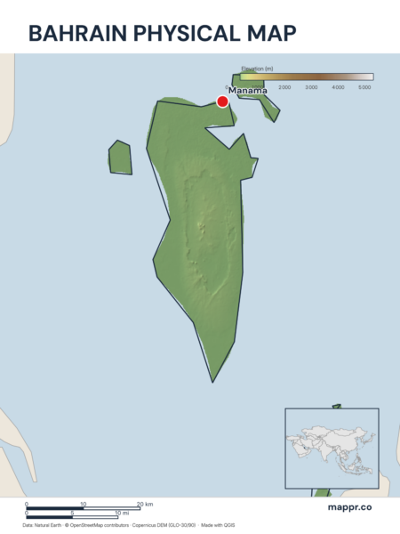 Map featuring Manama, the capital of Bahrain, with rich topographical detail.