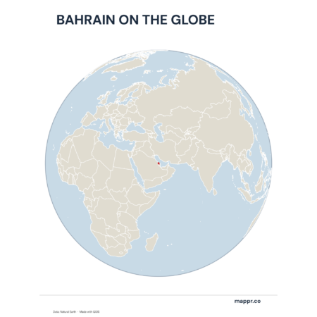 A map highlighting Bahrain's location on a globe, marked with a red outline.