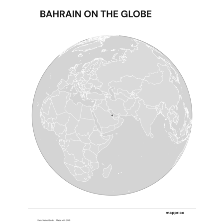 A map highlighting Bahrain's location on a globe, marked with a red outline (black and white).