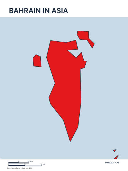 A map highlighting Bahrain's location on the asian continent.
