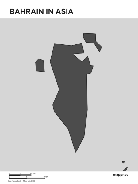 A map highlighting Bahrain's location on the asian continent (black and white).