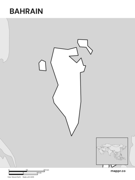 Outline map of Bahrain with detailed country borders (black and white).