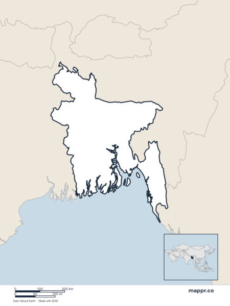 Blank political map of Bangladesh showing its international borders without labels.