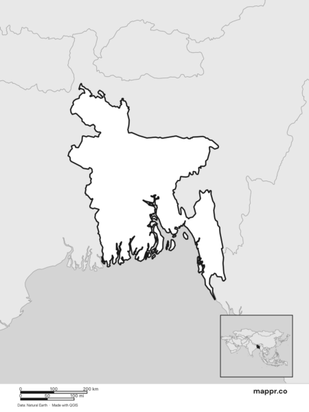 Blank political map of Bangladesh showing its international borders without labels (black and white).