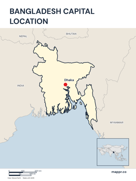 Detailed map pinpointing Dhaka, the capital of Bangladesh.