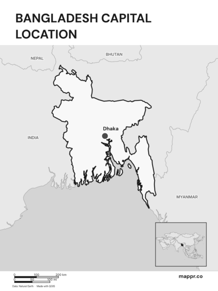 Detailed map pinpointing Dhaka, the capital of Bangladesh (black and white).