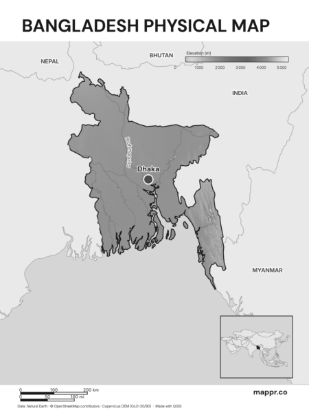 Map featuring Dhaka, the capital of Bangladesh, with rich topographical detail (black and white).