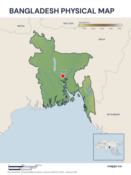 Map featuring Dhaka, the capital of Bangladesh, with rich topographical detail.