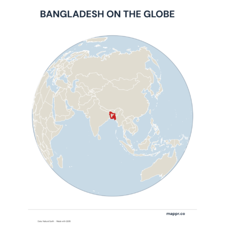 A map highlighting Bangladesh's location on a globe, marked with a red outline.