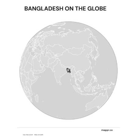 A map highlighting Bangladesh's location on a globe, marked with a red outline (black and white).