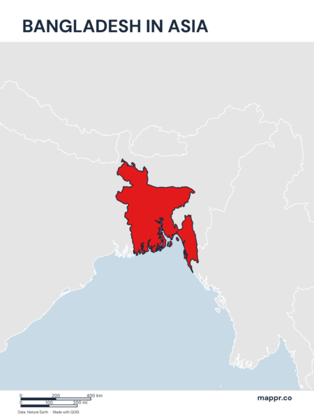 A map highlighting Bangladesh's location on the asian continent.