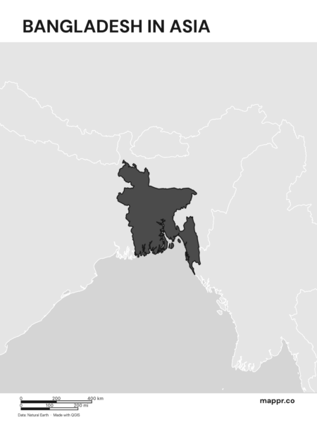 A map highlighting Bangladesh's location on the asian continent (black and white).