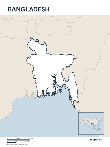 Outline map of Bangladesh with detailed country borders.