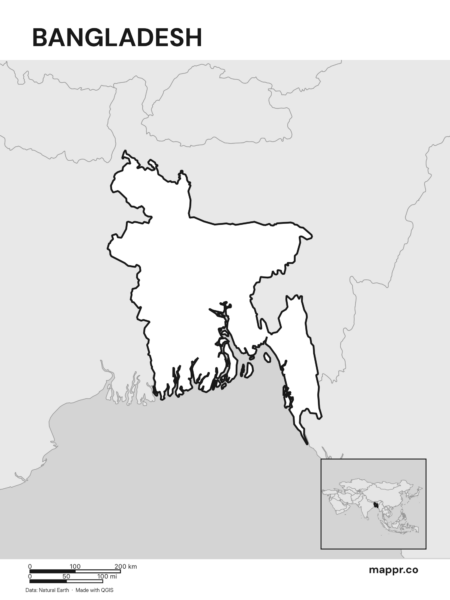 Outline map of Bangladesh with detailed country borders (black and white).