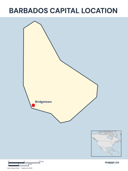 Detailed map pinpointing Bridgetown, the capital of Barbados.