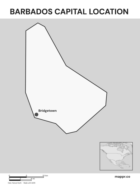 Detailed map pinpointing Bridgetown, the capital of Barbados (black and white).