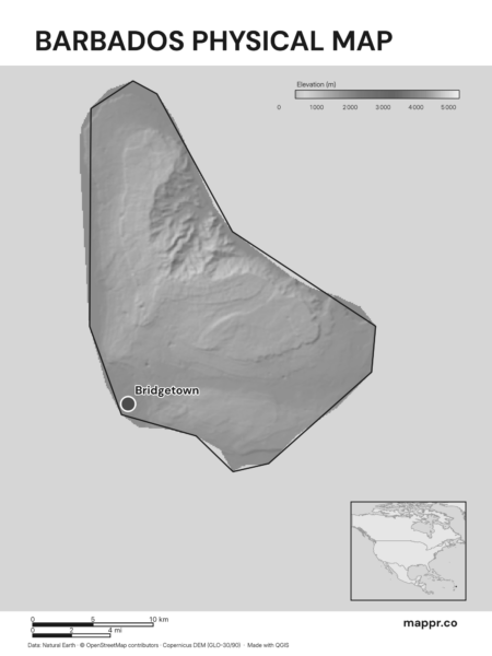 Map featuring Bridgetown, the capital of Barbados, with rich topographical detail (black and white).