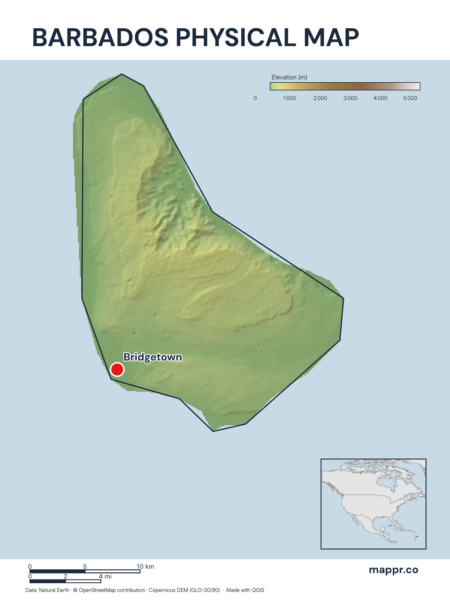 Map featuring Bridgetown, the capital of Barbados, with rich topographical detail.
