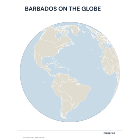 A map highlighting Barbados's location on a globe, marked with a red outline.