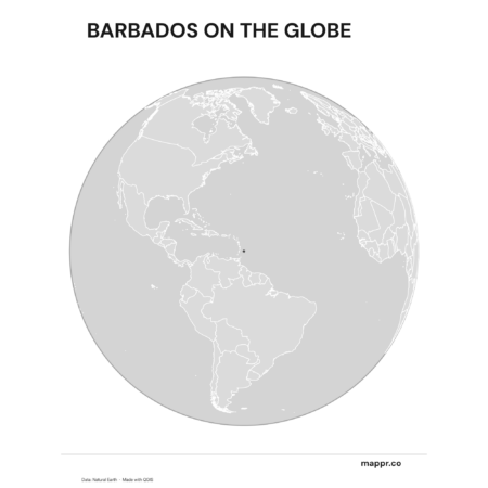 A map highlighting Barbados's location on a globe, marked with a red outline (black and white).