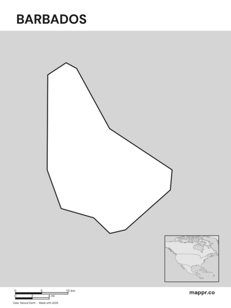 Outline map of Barbados with detailed country borders (black and white).