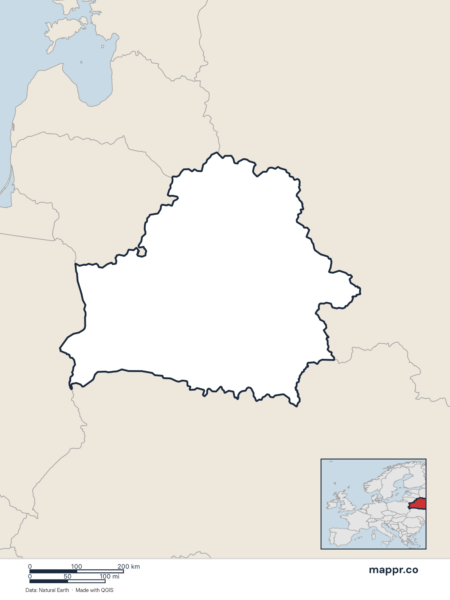Blank political map of Belarus showing its international borders without labels.