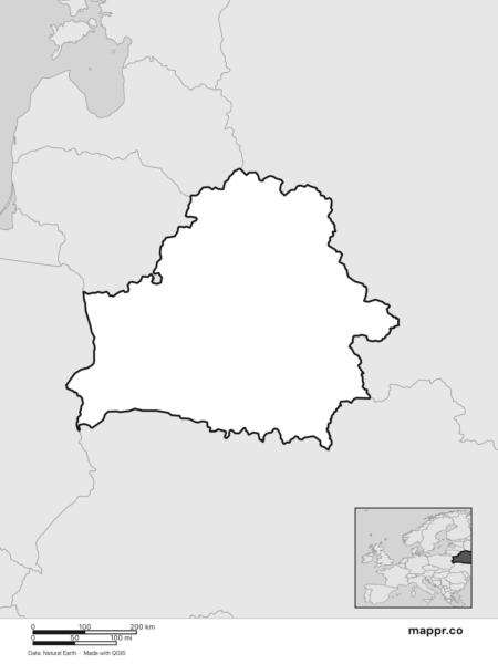 Blank political map of Belarus showing its international borders without labels (black and white).