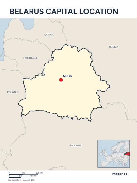 Detailed map pinpointing Minsk, the capital of Belarus.