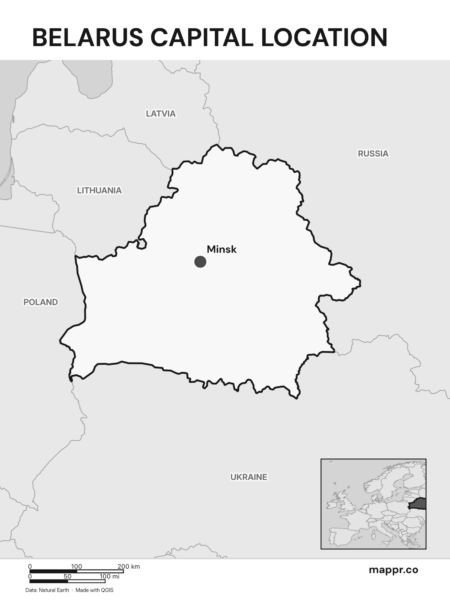 Detailed map pinpointing Minsk, the capital of Belarus (black and white).