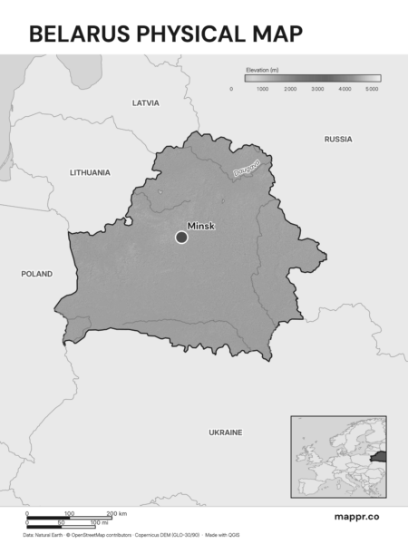 Map featuring Minsk, the capital of Belarus, with rich topographical detail (black and white).