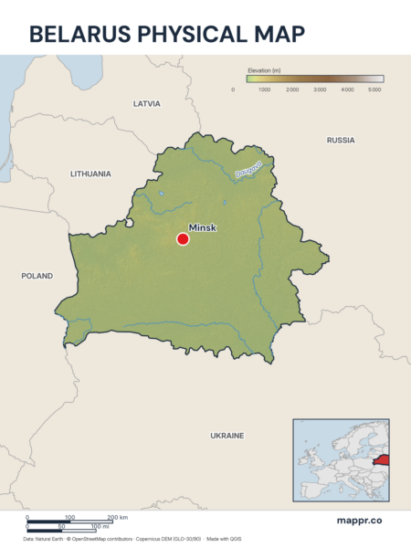 Map featuring Minsk, the capital of Belarus, with rich topographical detail.