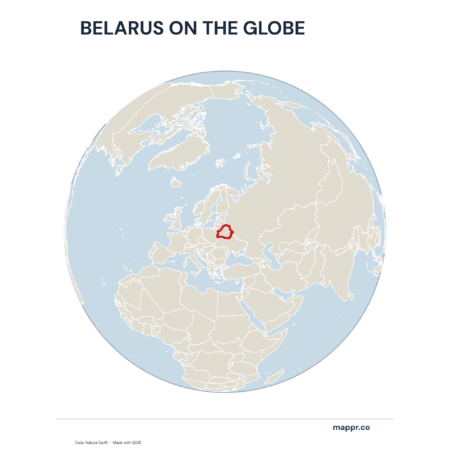 A map highlighting Belarus's location on a globe, marked with a red outline.