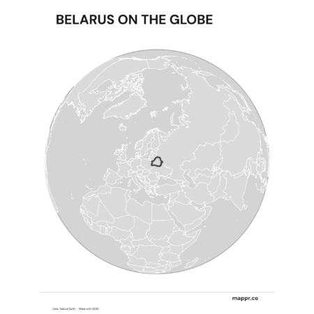 A map highlighting Belarus's location on a globe, marked with a red outline (black and white).