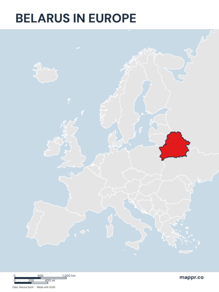 A map highlighting Belarus's location on the european continent.