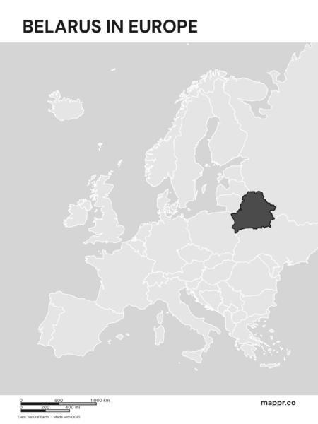 A map highlighting Belarus's location on the european continent (black and white).