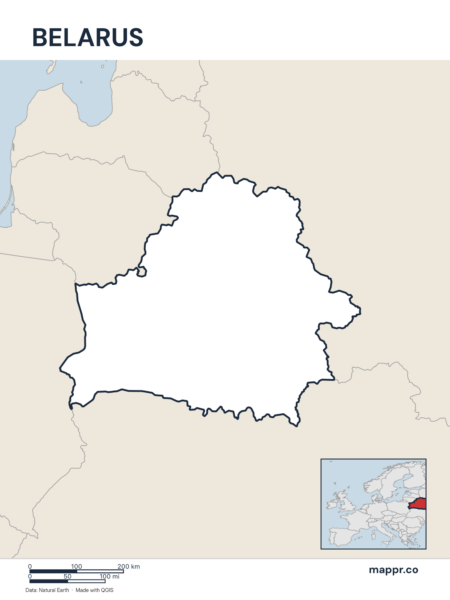 Outline map of Belarus with detailed country borders.