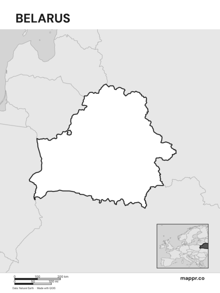 Outline map of Belarus with detailed country borders (black and white).