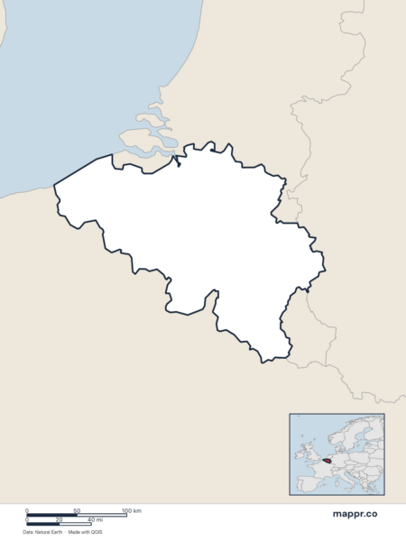 Blank political map of Belgium showing its international borders without labels.