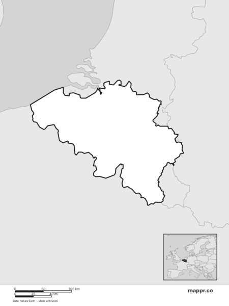 Blank political map of Belgium showing its international borders without labels (black and white).