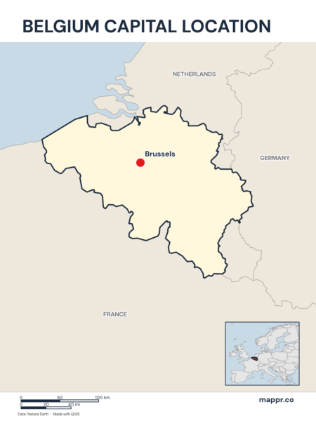 Detailed map pinpointing Brussels, the capital of Belgium.