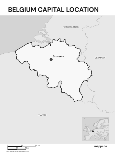 Detailed map pinpointing Brussels, the capital of Belgium (black and white).
