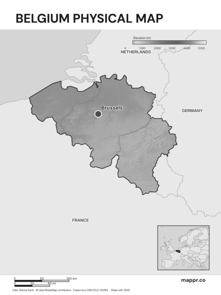 Map featuring Brussels, the capital of Belgium, with rich topographical detail (black and white).