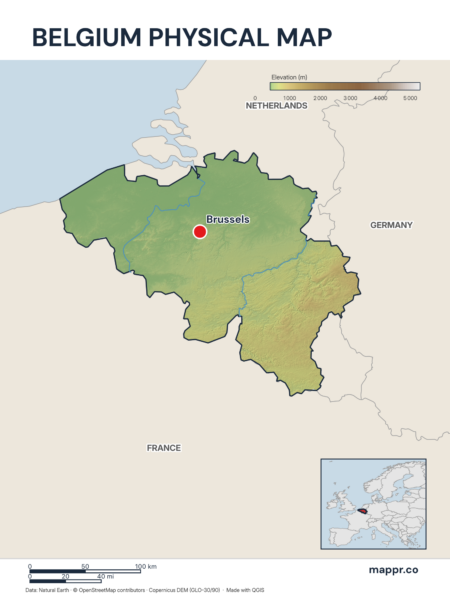 Map featuring Brussels, the capital of Belgium, with rich topographical detail.