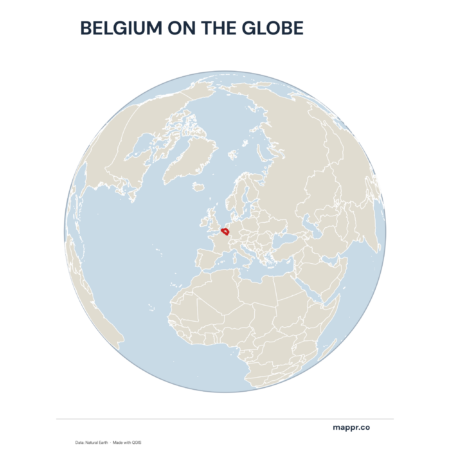 A map highlighting Belgium's location on a globe, marked with a red outline.