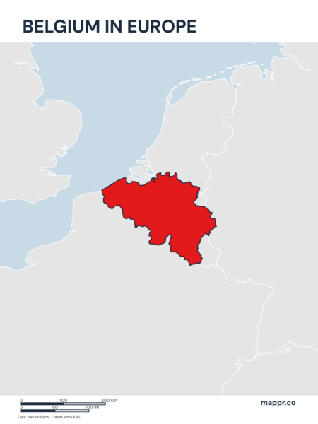 A map highlighting Belgium's location on the european continent.