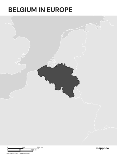 A map highlighting Belgium's location on the european continent (black and white).