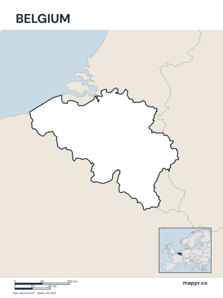 Outline map of Belgium with detailed country borders.
