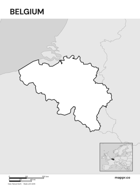Outline map of Belgium with detailed country borders (black and white).