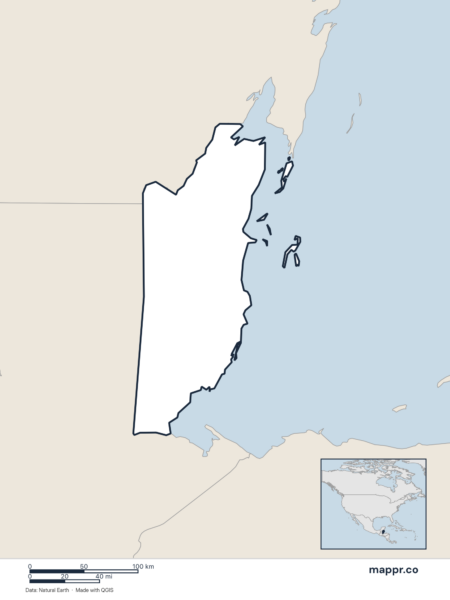 Blank political map of Belize showing its international borders without labels.
