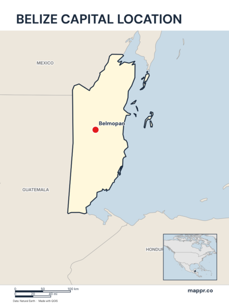 Detailed map pinpointing Belmopan, the capital of Belize.